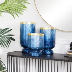 SET OF 3 BLUE GLASS COASTAL CANDLE HOLDER, 6″ X 12″