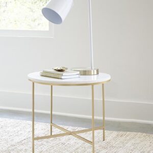 ROUND X-CROSS END TABLE IN WHITE MARBLE & GOLD